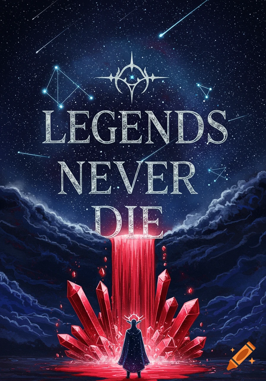 A cloaked figure stands before a waterfall of red crystals under a starry sky with the text "Legends Never Die."