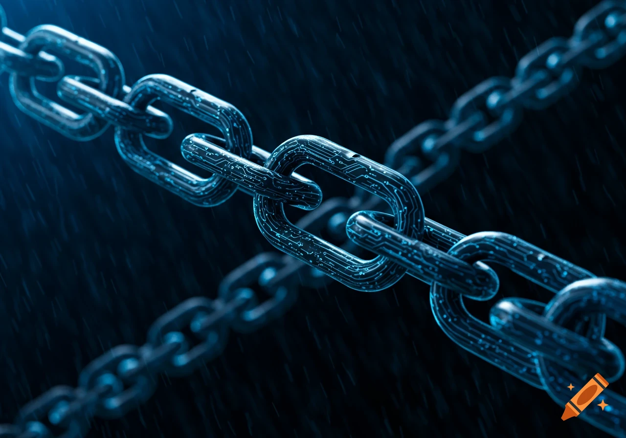 Digital chain links with glowing blue circuit patterns against a dark, rainy background, representing technology or cybersecurity.