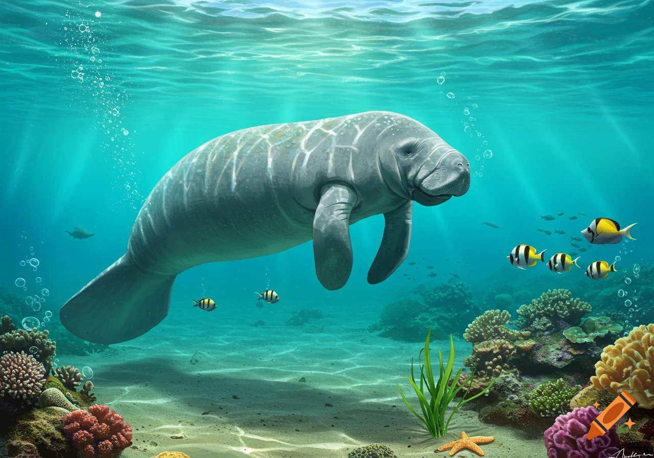 A manatee swims in clear blue ocean water above a colorful coral reef with tropical fish and a starfish.