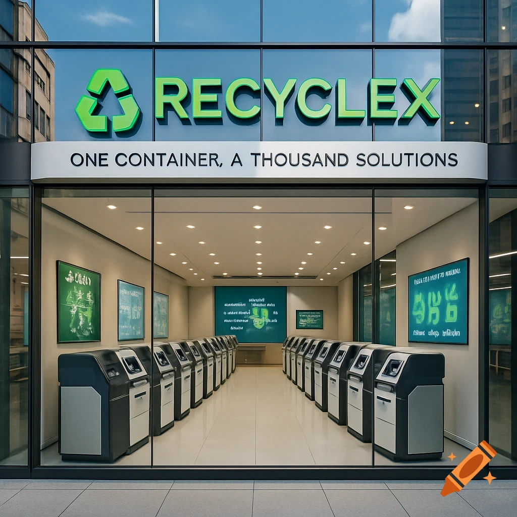 A modern Recyclex store with a glass facade, green logo, and rows of futuristic recycling machines inside. The entrance displays the slogan "ONE CONTAINER, A THOUSAND SOLUTIONS".