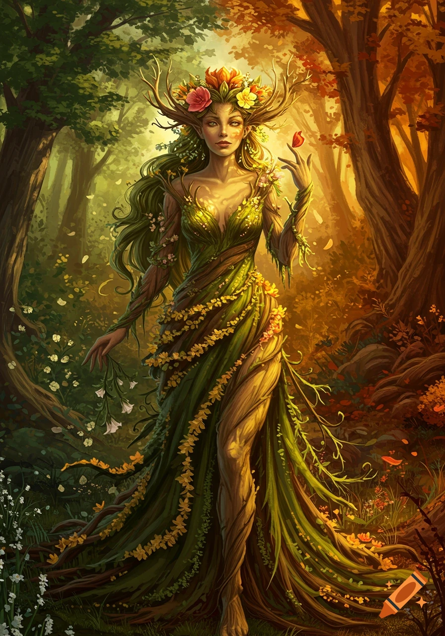 Fantasy verdant goddess with leafy dress and antlers in a forest with spring on left, autumn on right. Holding a glowing flower.