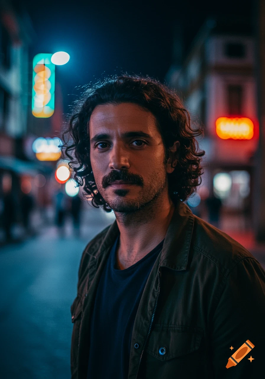 A man with dark curly hair and a mustache in a dark jacket, looking at the viewer on a city street at night, with neon lights in the blurred background. The image has a cinematic feel.