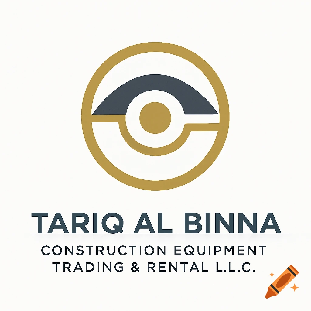 A modern gold and gray circular logo resembling an eye, with "Tariq Al Binna Construction Equipment Trading & Rental L.L.C." text below, on a white background.