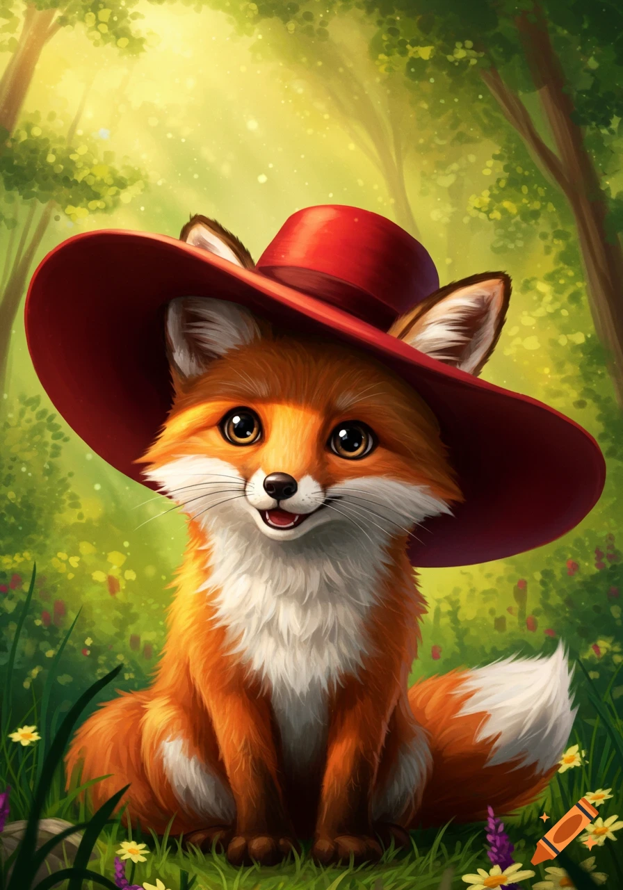 A cute cartoon fox wearing a red hat sits in a sunny forest field with wildflowers.