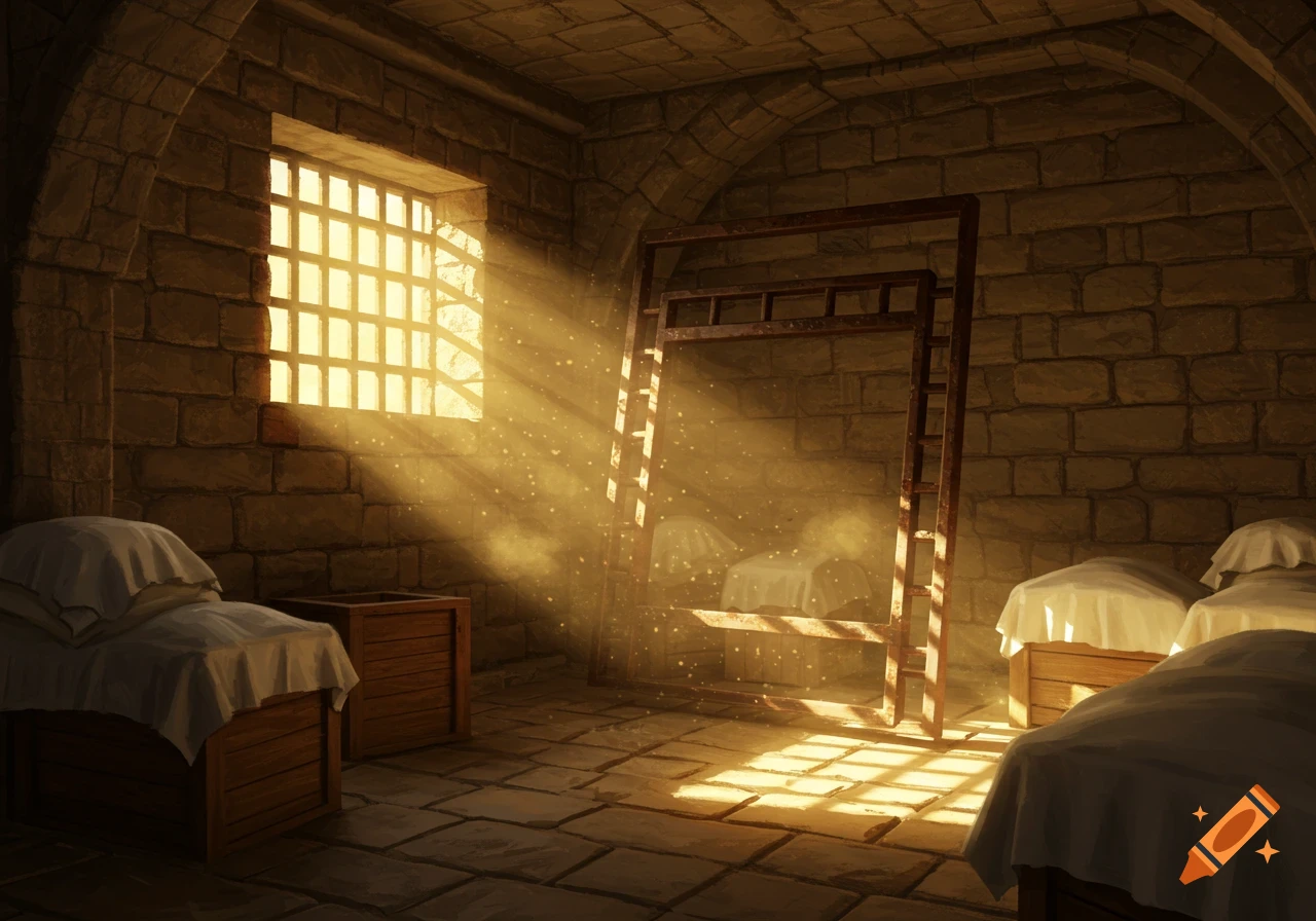 A sunlit medieval stone room with barred windows, golden light rays, floating dust, and wooden beds/crates, in Studio Ghibli style.