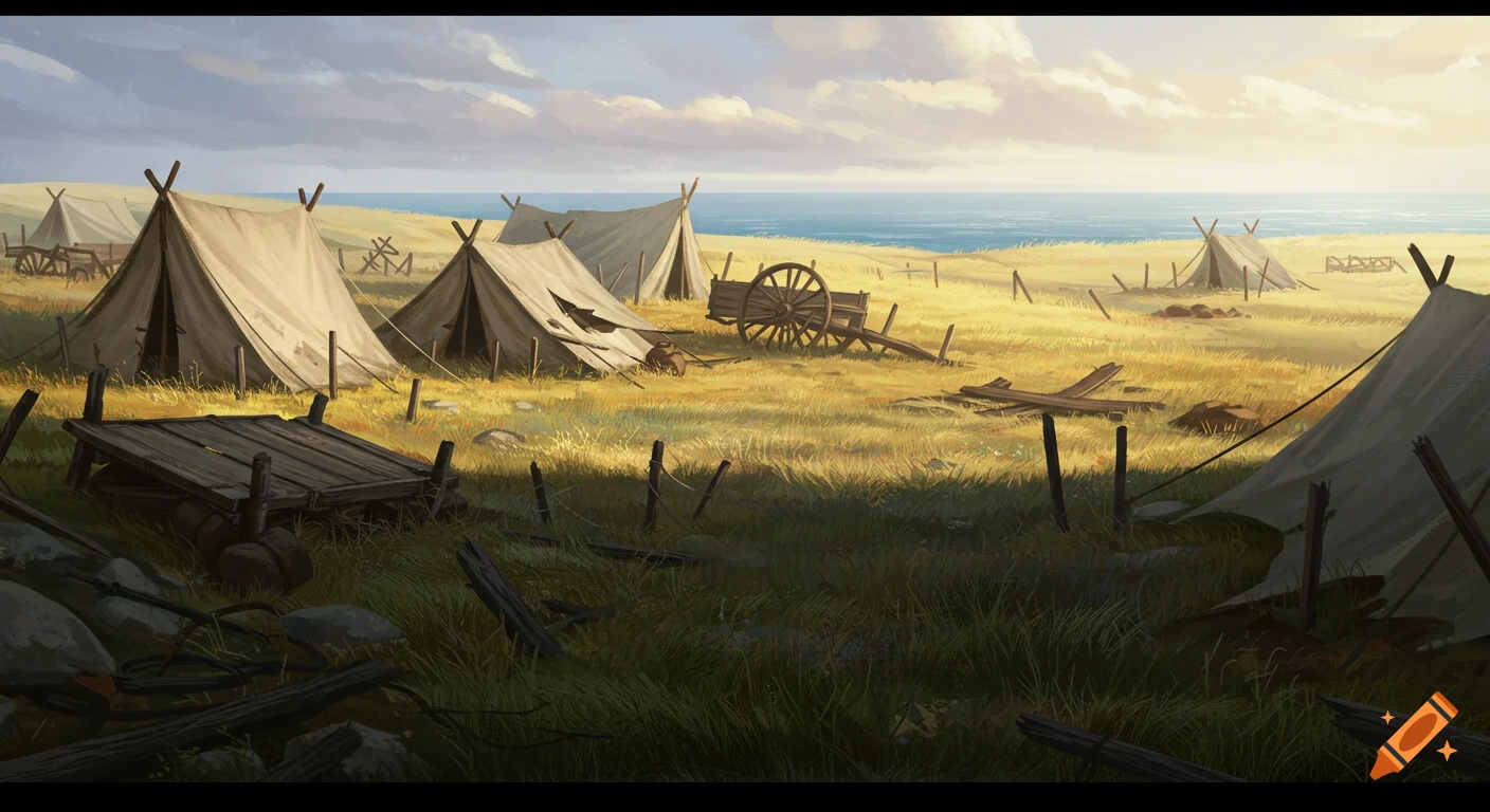 An illustration of a destroyed camp with tents, a broken wagon, and debris on a grassy plain by the ocean.