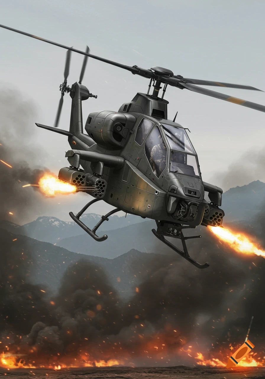 A military attack helicopter, resembling a Bell Cobra, fires weapons mid-air against a backdrop of mountains, smoke, and ground explosions.