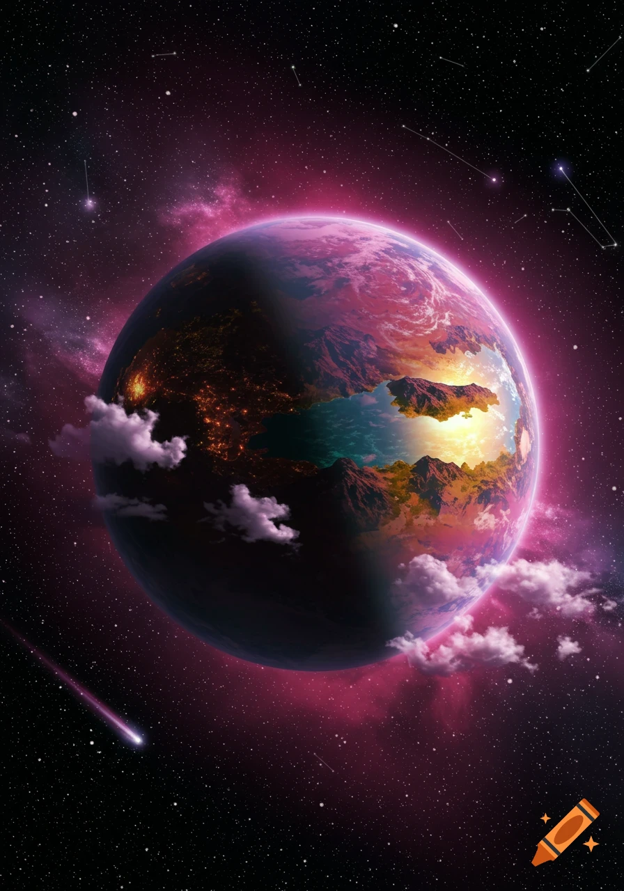 A vibrant fantasy planet with glowing cities, mountains, and oceans, surrounded by a pink nebula and stars in space, with a comet.
