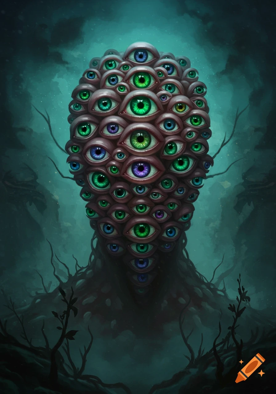 Eerie dark fantasy art of a monster covered in green, blue, and purple eyes, against a foggy, shadowy background.