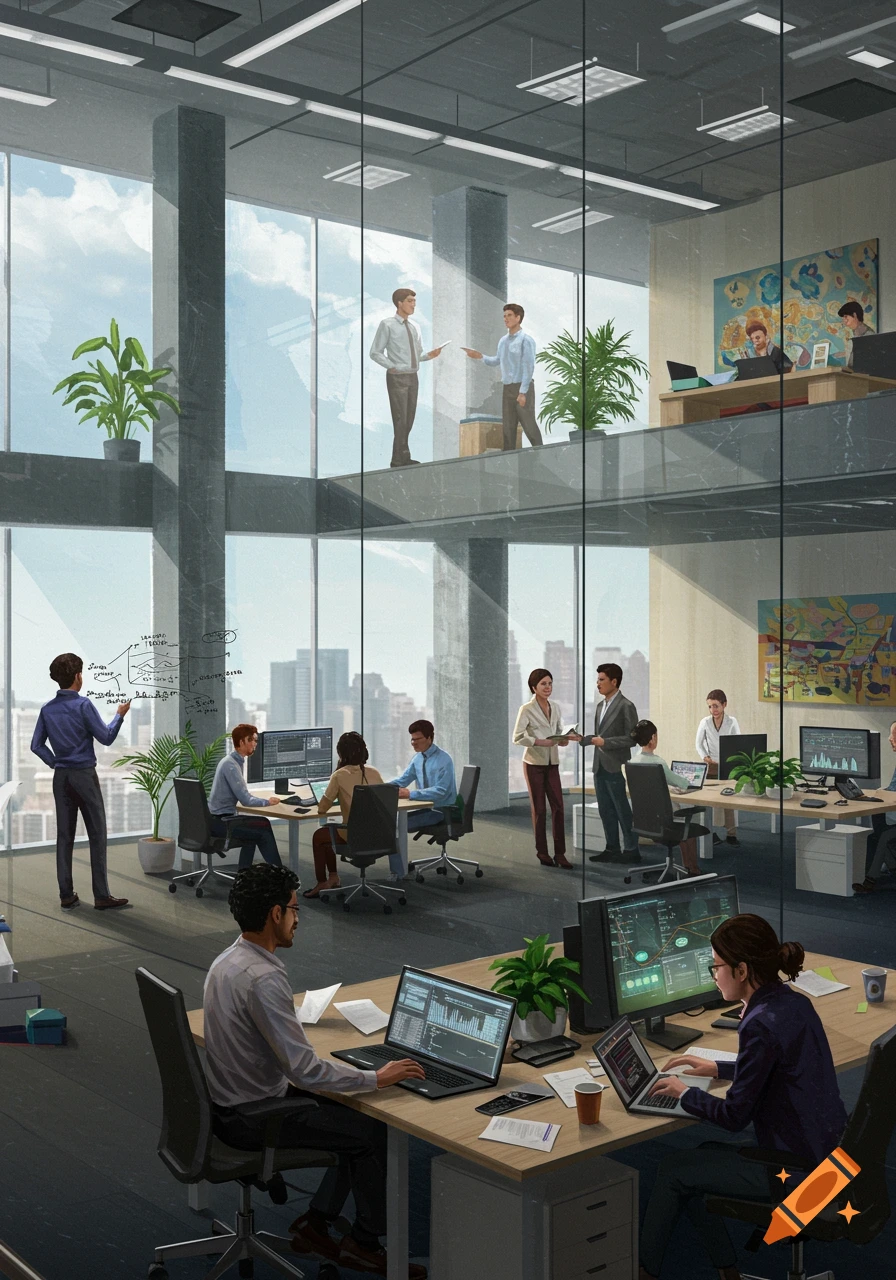 A diverse workforce in a modern, multi-level office with large windows overlooking a city, working on computers and collaborating.