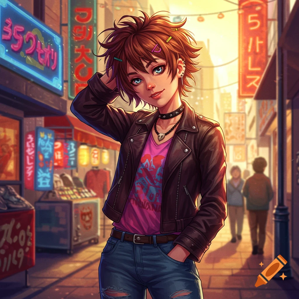 Anime tomboy with short brown hair, a leather jacket, and ripped jeans poses on a colorful Japanese street at sunset.