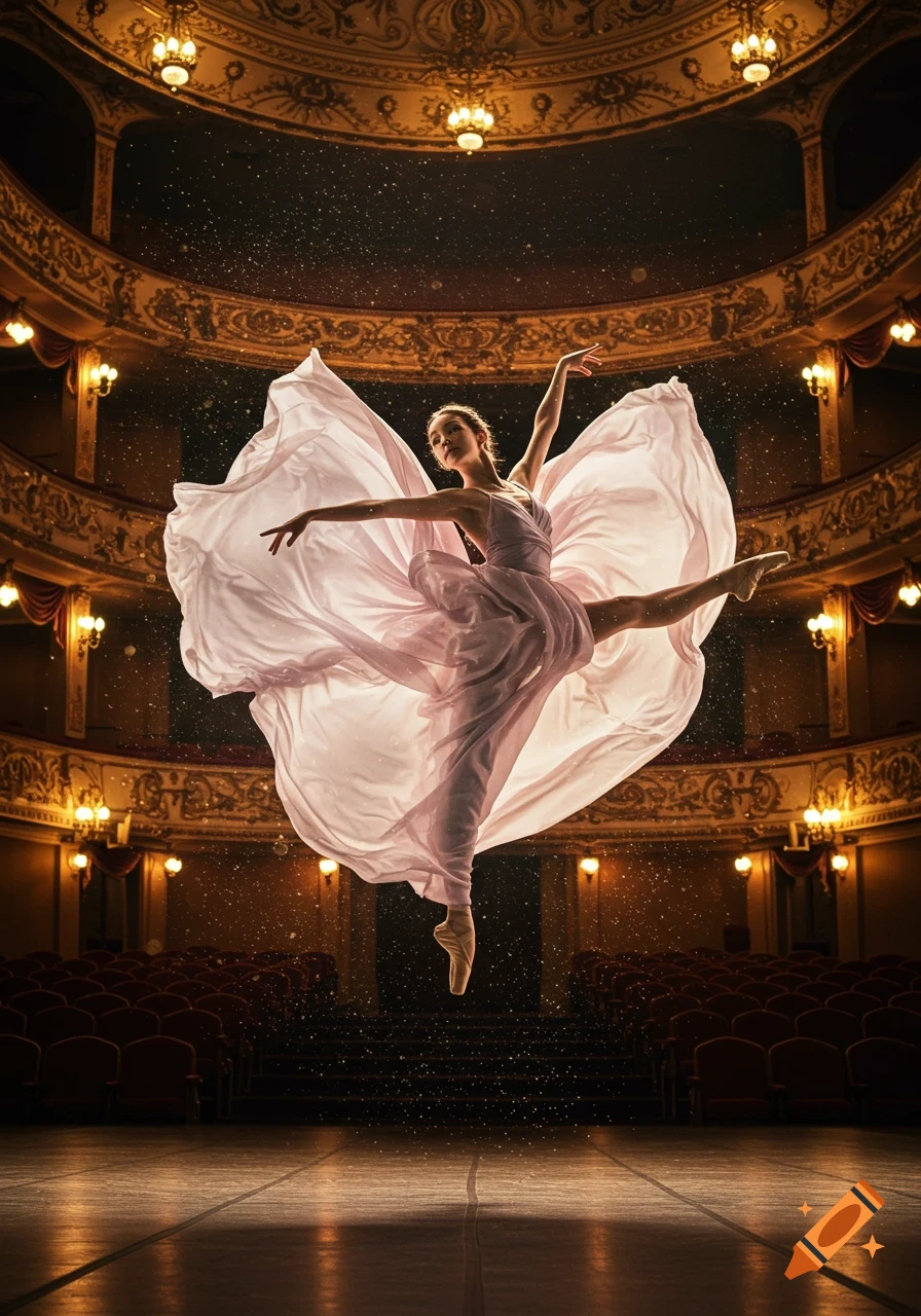 Ballerina in a flowing pink dress leaps gracefully on a dark theatre stage, surrounded by sparkling particles.