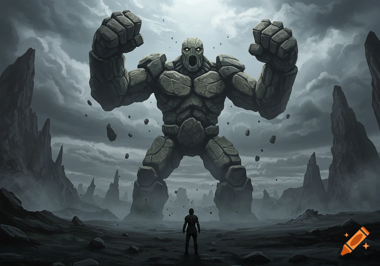 A small figure stands before a gigantic, roaring stone golem in a dark, rocky landscape under a stormy sky, dark fantasy.