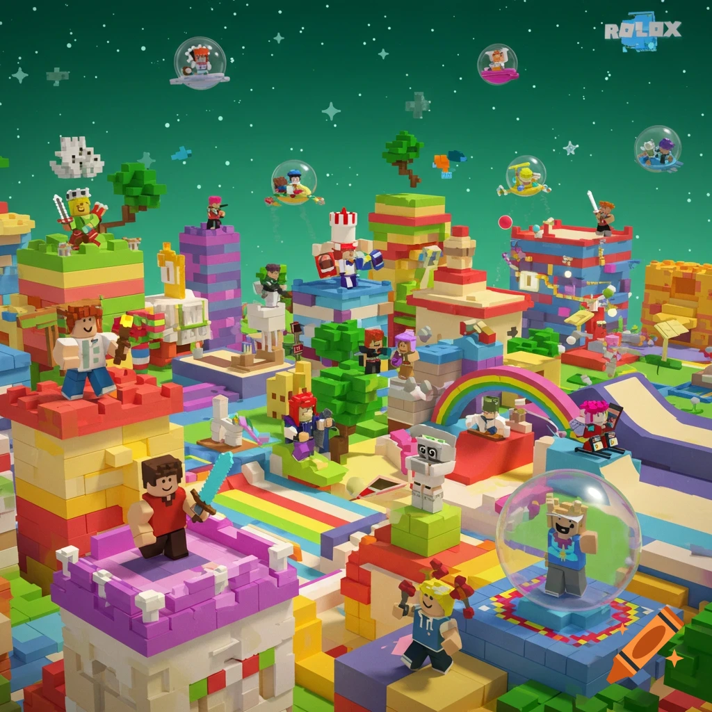 A vibrant, colorful, block-based city with many blocky cartoon characters, some in floating snow globes, under a starry green sky, in a video game style.