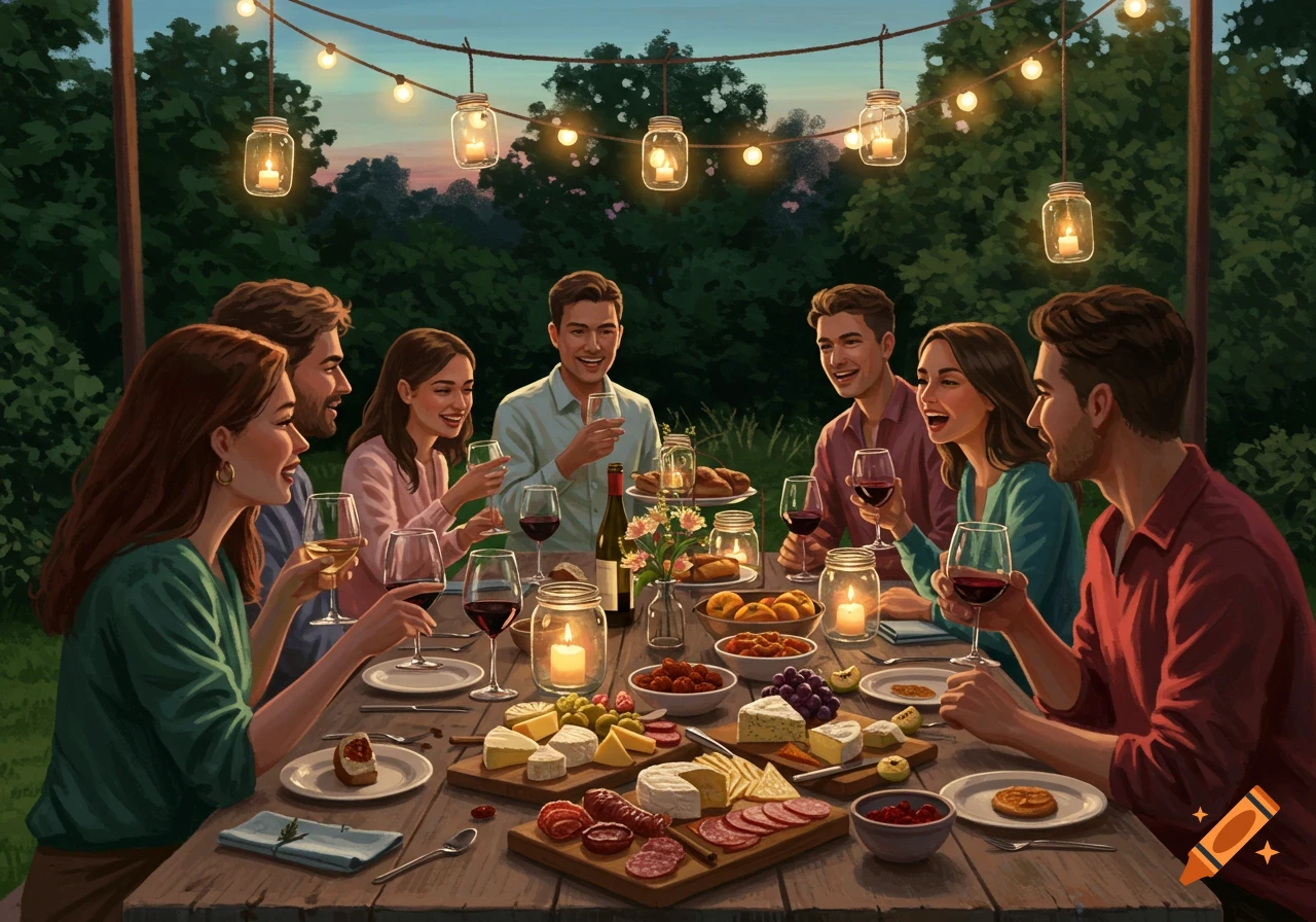 Smiling friends share an outdoor dinner with wine, cheese, and charcuterie under string lights at dusk, digital art.