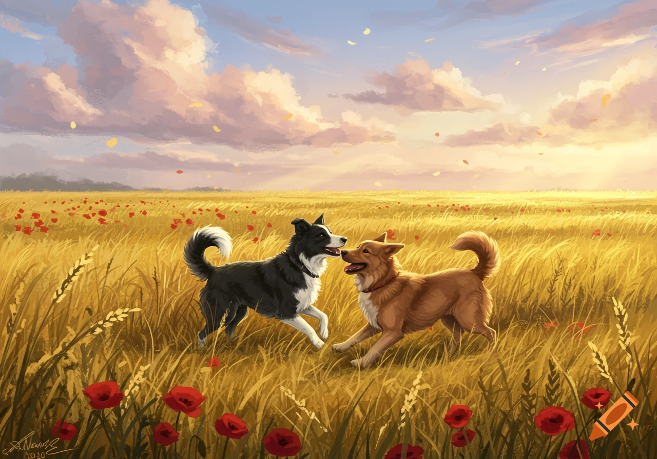 Two dogs, one black and white, one brown, playfully interact in a golden field with red poppies under a cloudy sunset sky, painterly style.