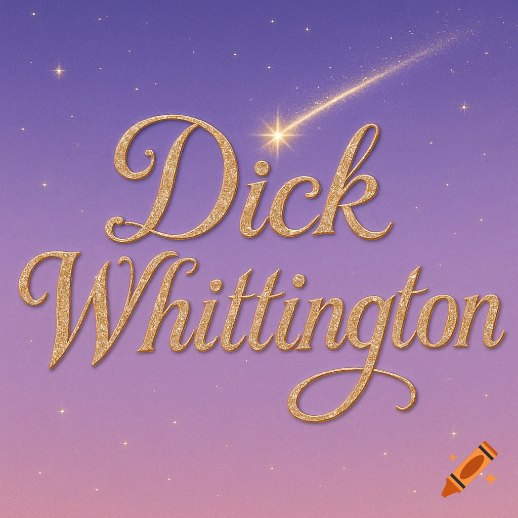Gold glitter text 'Dick Whittington' on a purple gradient background with a sparkling shooting star.