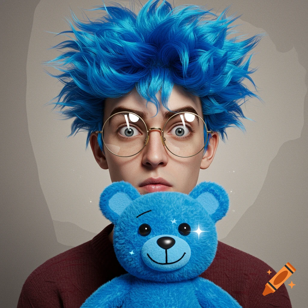 A person with wild blue hair and round glasses holds a sparkling blue teddy bear against a light background.
