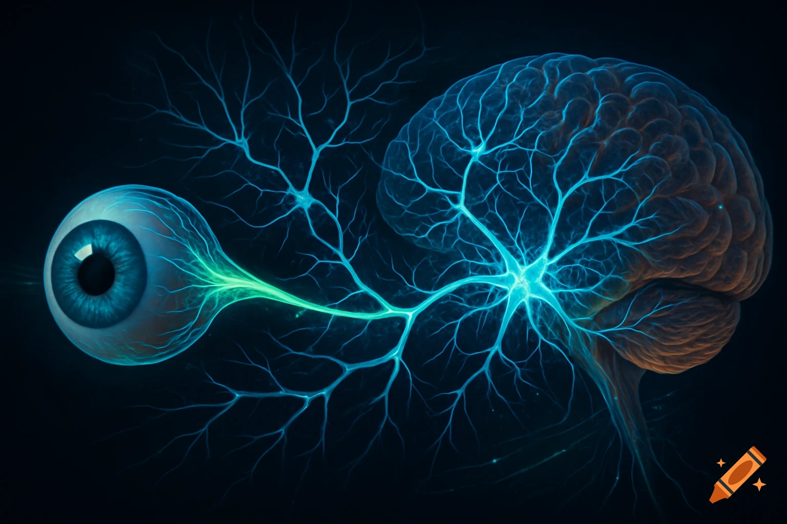 A stylized image of a human eye connected to a brain by glowing blue-green neural pathways on a dark background.