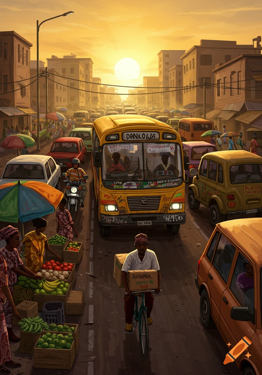 A vibrant illustration of a bustling Nigerian street at sunset, filled with buses, cars, motorcycles, pedestrians, and market stalls.