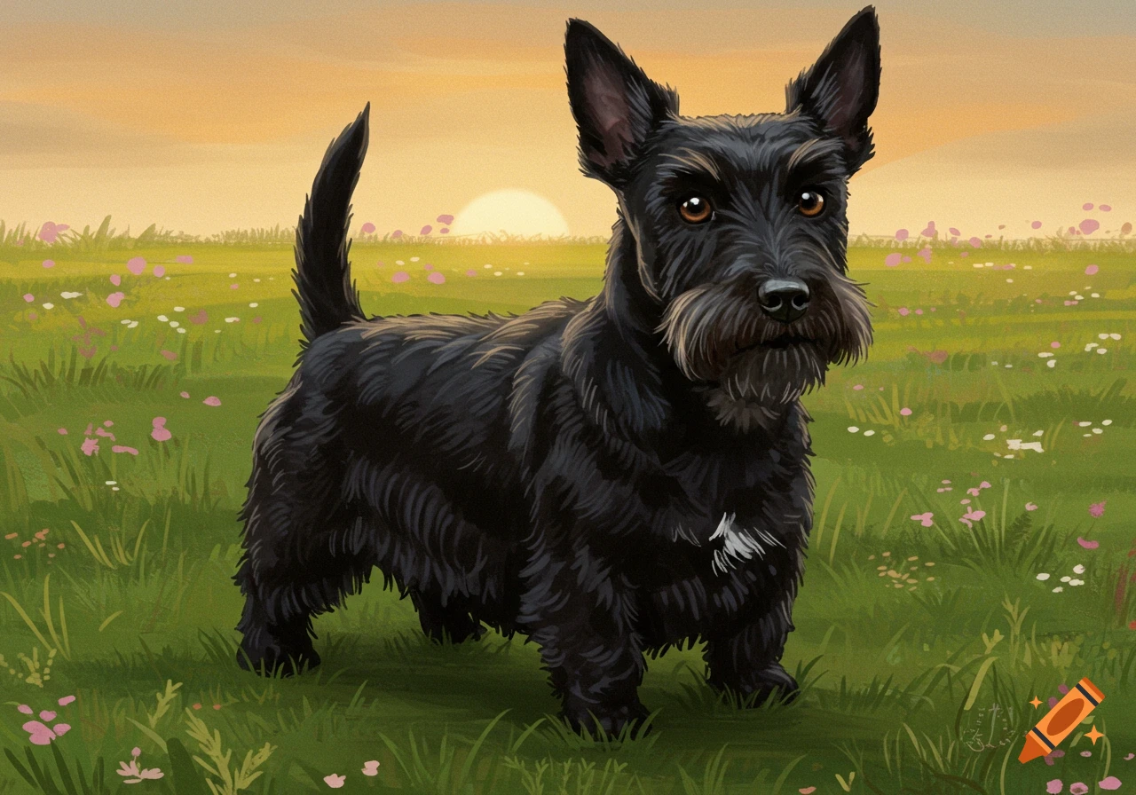 An illustration of a black Scottish terrier with a white chest spot standing in a green field with pink flowers at sunset.