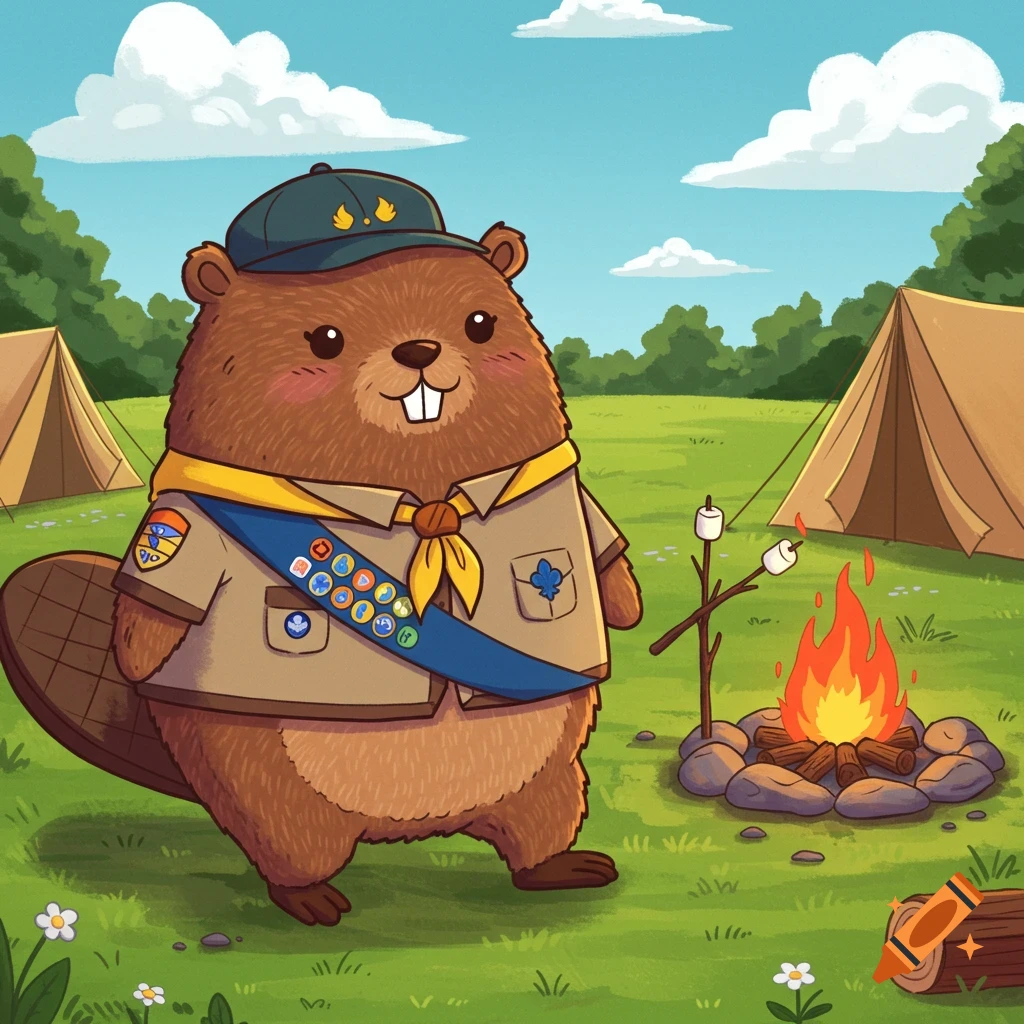 A cute cartoon beaver in a scout uniform, wearing a blue and yellow neckerchief, standing in a campsite with tents and a campfire, roasting marshmallows.