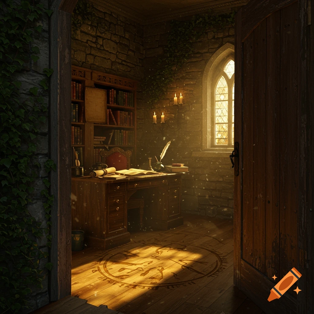 A magical, dimly lit study with bookshelves, a desk, an arched window, and golden light illuminating a symbolic floor.