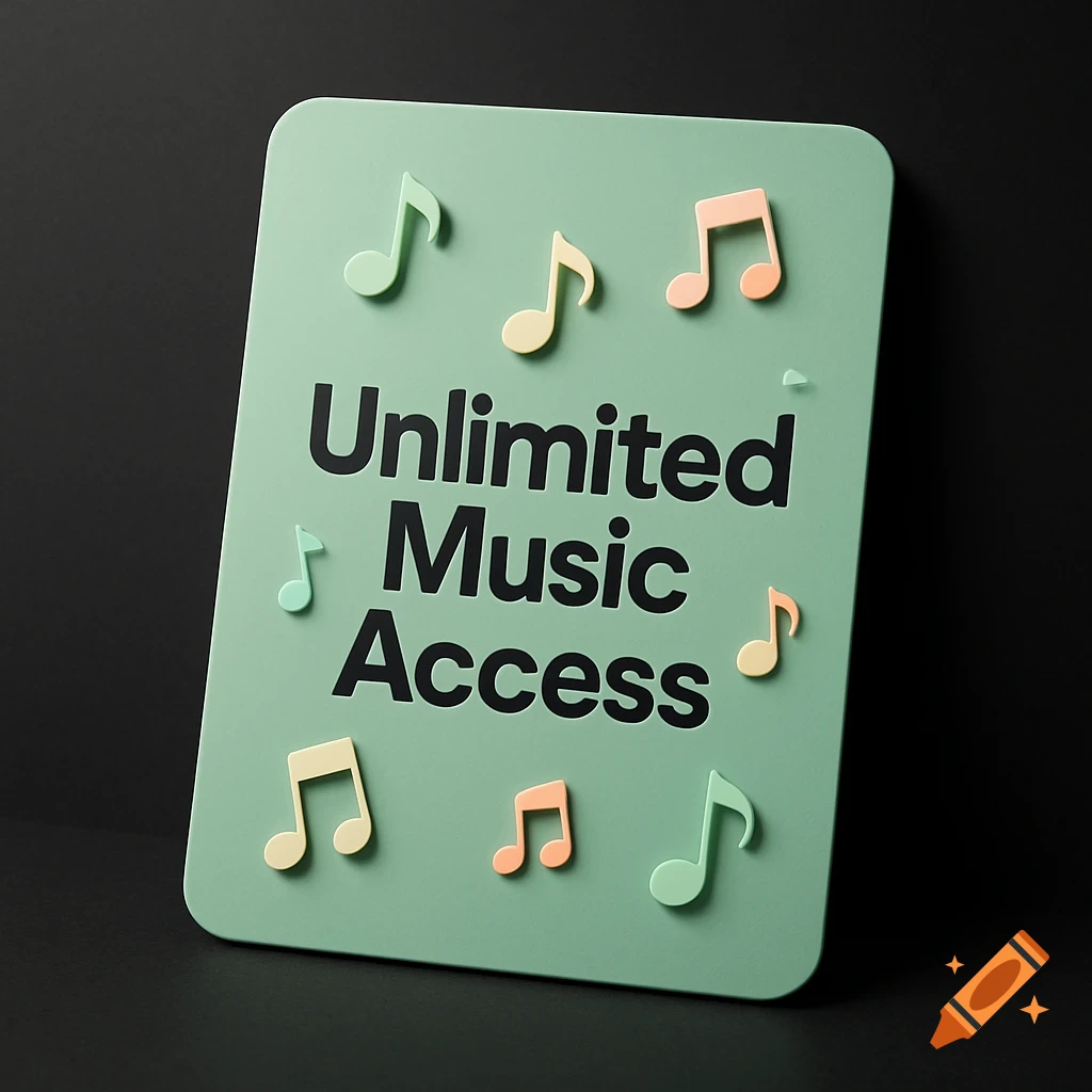 Photorealistic image of a soft green digital card with the text 'Unlimited Music Access' and floating musical notes.