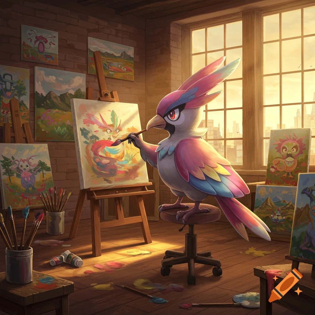 A colorful bird-like Pokémon sits on a stool, painting a canvas in a sunlit art studio filled with other vibrant paintings.