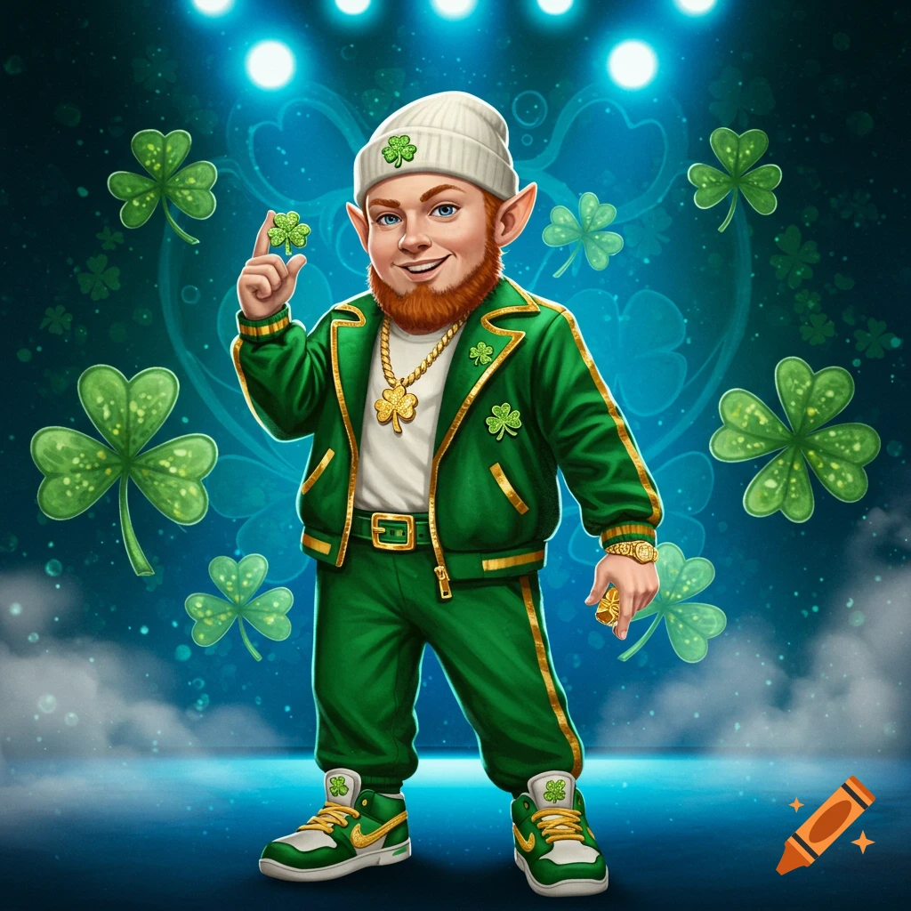 A cartoon leprechaun with a beard and pointy ears wears a green tracksuit, gold chain, and white beanie, holding a four-leaf clover on a stage with shamrocks.