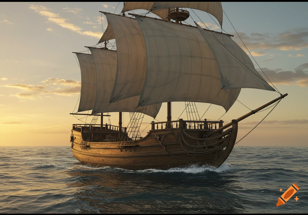 A large wooden sailing ship with three white sails glides across choppy waters at sunset.