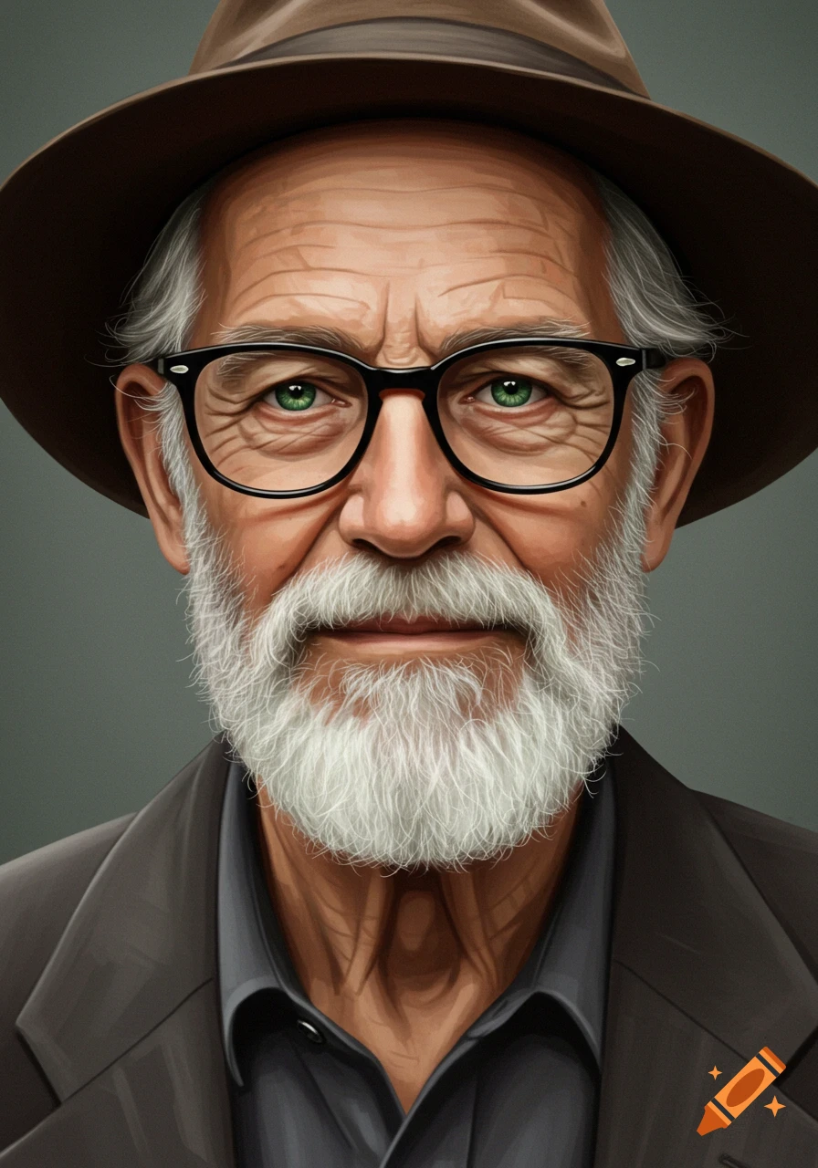 Digital painting of an old man with a white beard, green eyes, black glasses, and a brown hat.