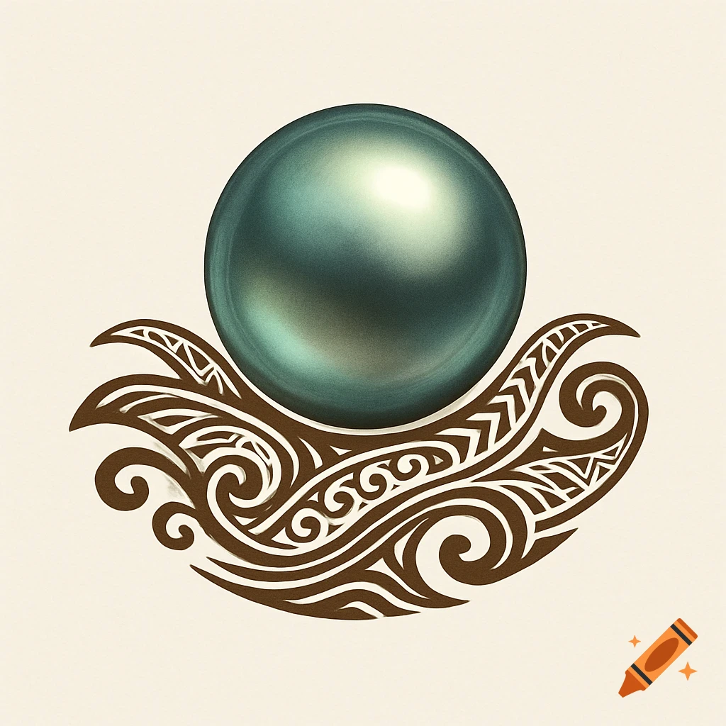 A greenish-blue pearl rests on a brown Polynesian tribal pattern, presented as a logo on a cream background.