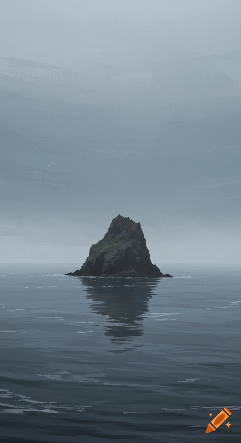 A minimalist digital painting of a small, dark rocky island in a vast, calm ocean under a grey, foggy sky.