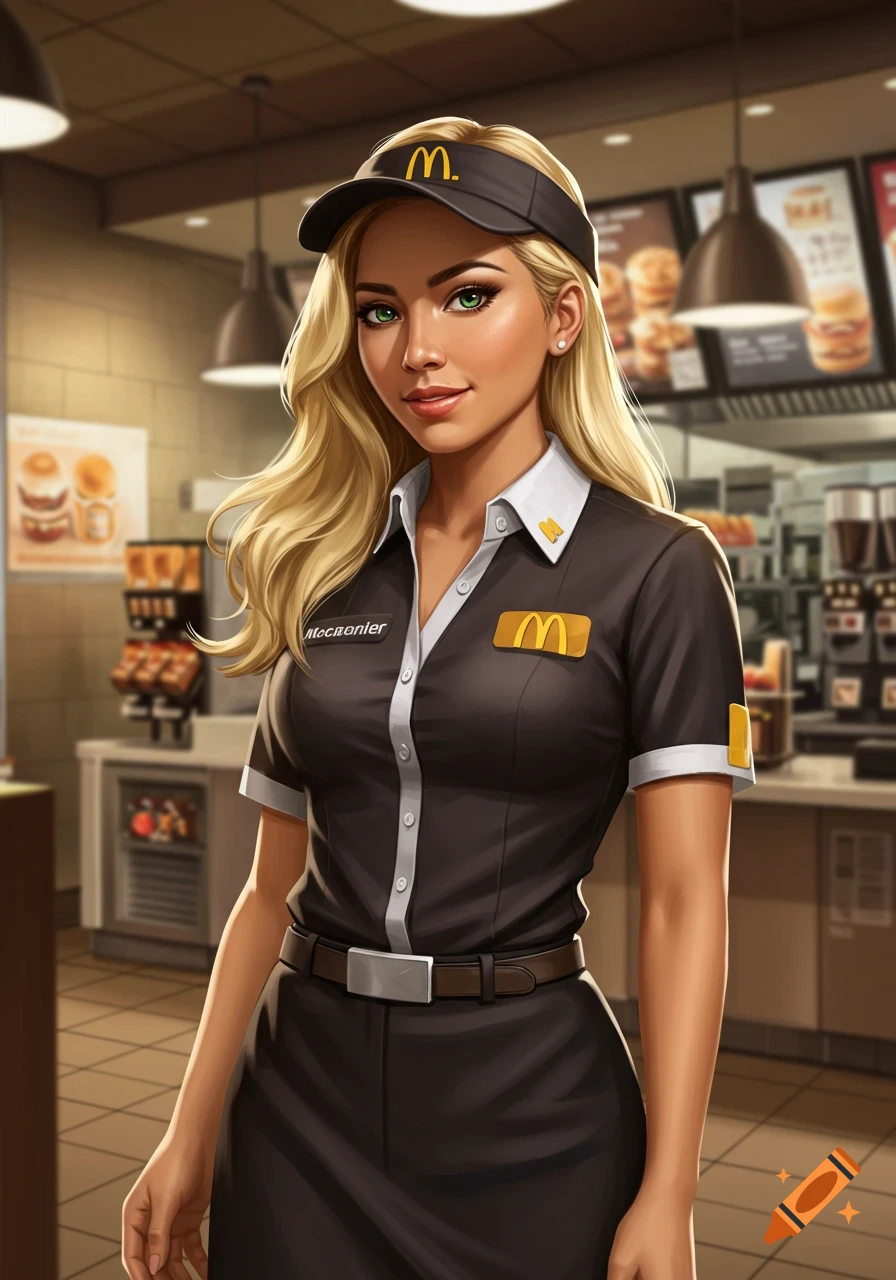 Illustrated portrait of a blonde woman in a McDonald's uniform and visor, standing in a restaurant.