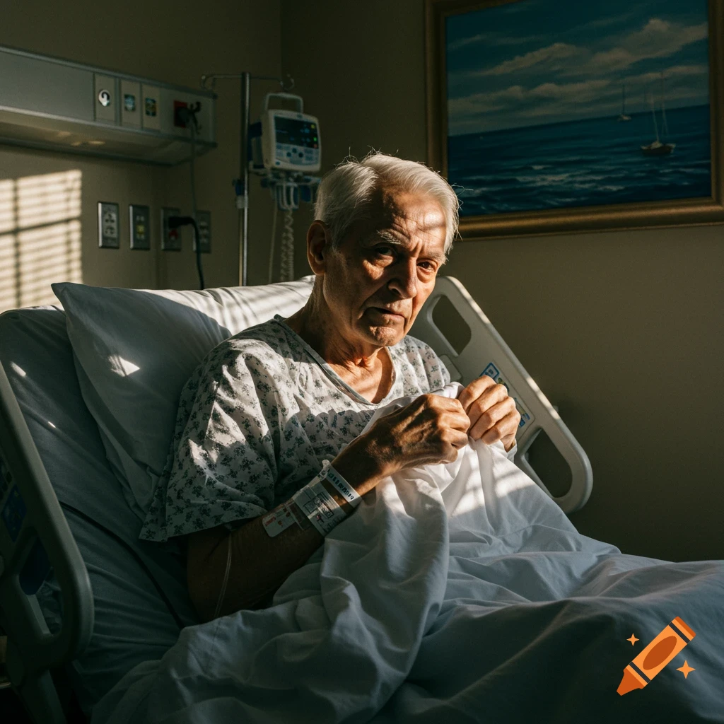 Elderly man in a hospital bed, lit by sunlight from blinds, holding white sheets. A painting of boats is on the wall.