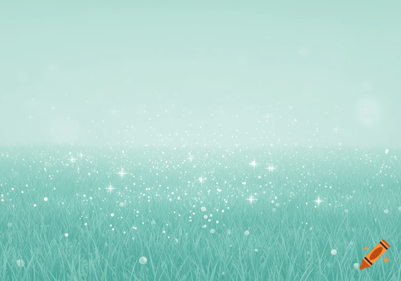 A vibrant mint green grassy field adorned with white sparkles, under a soft green sky in an illustrative style.