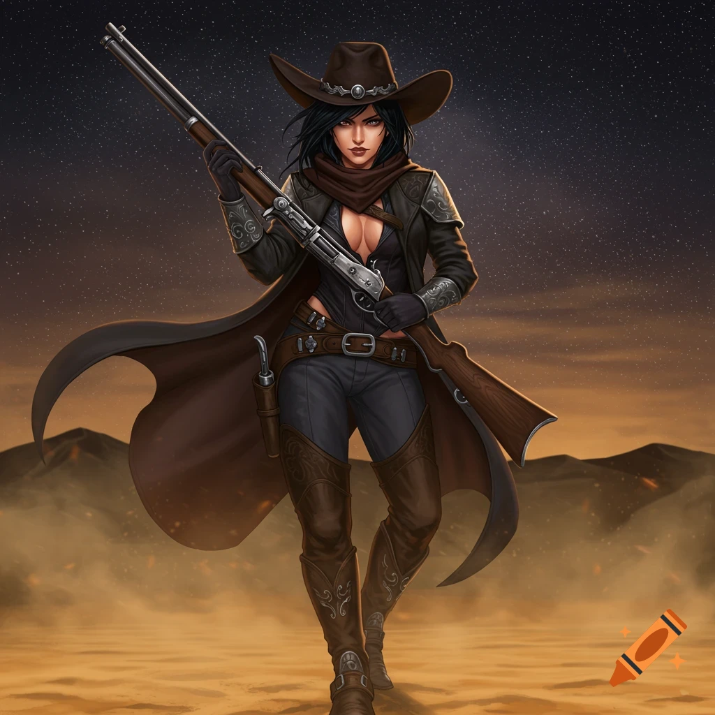 A dark-haired female cowboy in a hat and duster coat holds a rifle in a starry desert, in a fantasy art style.