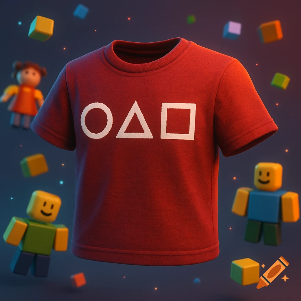 A red t-shirt with white circle, triangle, and square symbols, surrounded by stylized Roblox figures and floating cubes on a dark background.