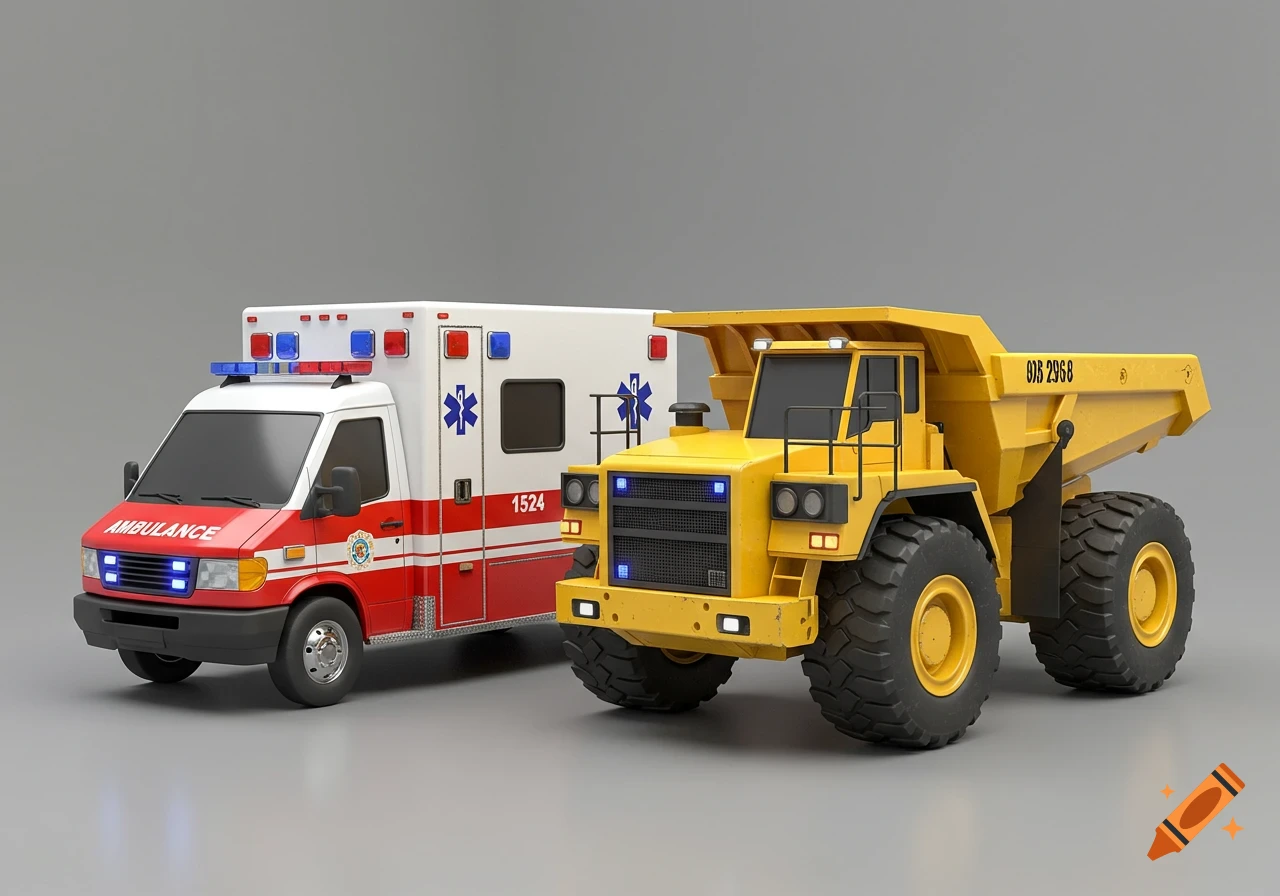 A 3D render of a red and white ambulance with blue flashing lights next to a large yellow construction dump truck on a gray background.