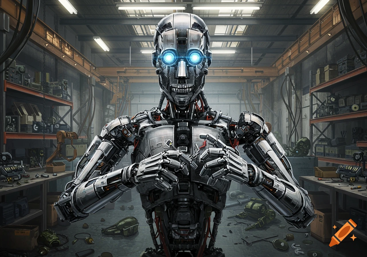 A detailed, photorealistic robot animatronic with glowing blue eyes in a cluttered industrial warehouse.
