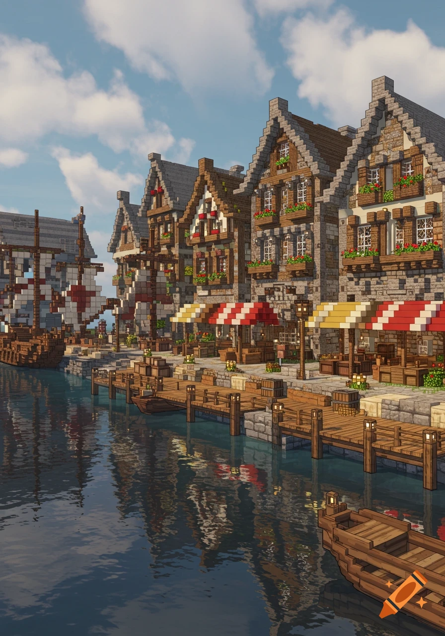 A Minecraft scene of a European port town featuring detailed blocky houses, wooden docks, a sailboat, and reflections on the water.