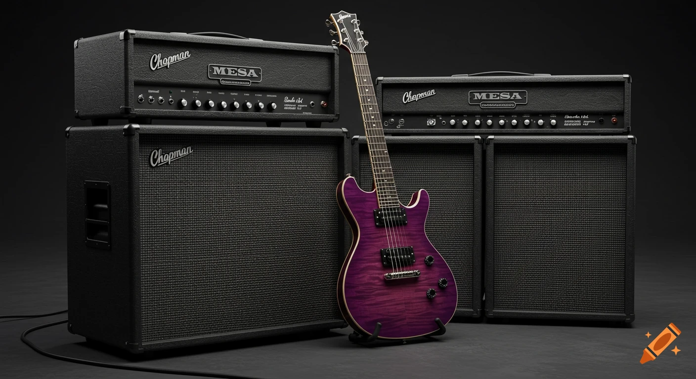 Photorealistic image of a purple Chapman electric guitar leaning against two black Mesa Boogie guitar amplifiers and speaker cabinets.