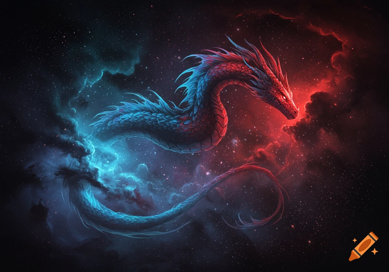 A majestic red and blue dragon, scaled and horned, coils through a starry cosmic nebula with swirling red and turquoise gases.