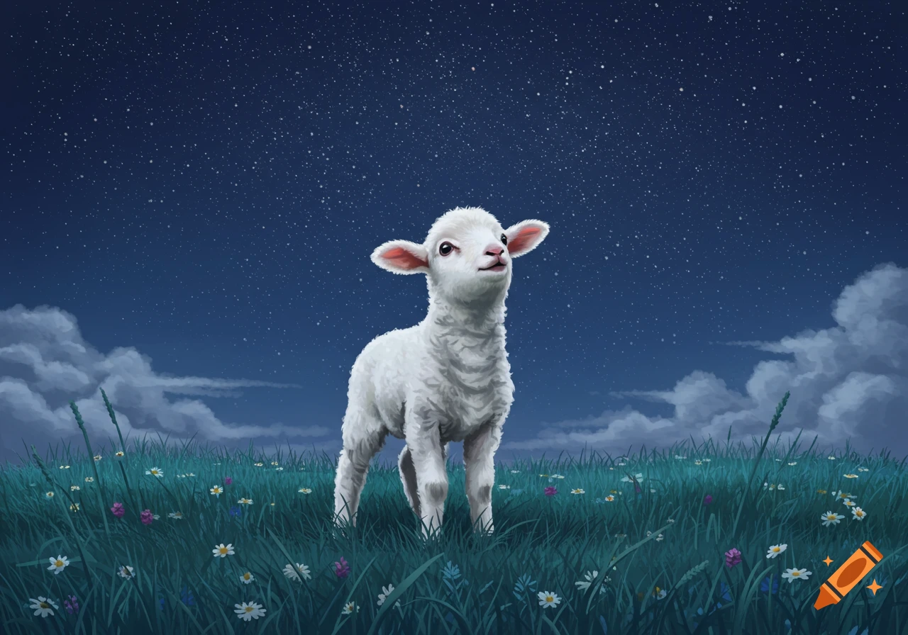 A fluffy white lamb stands in a field of grass and wildflowers under a dark blue starry night sky.