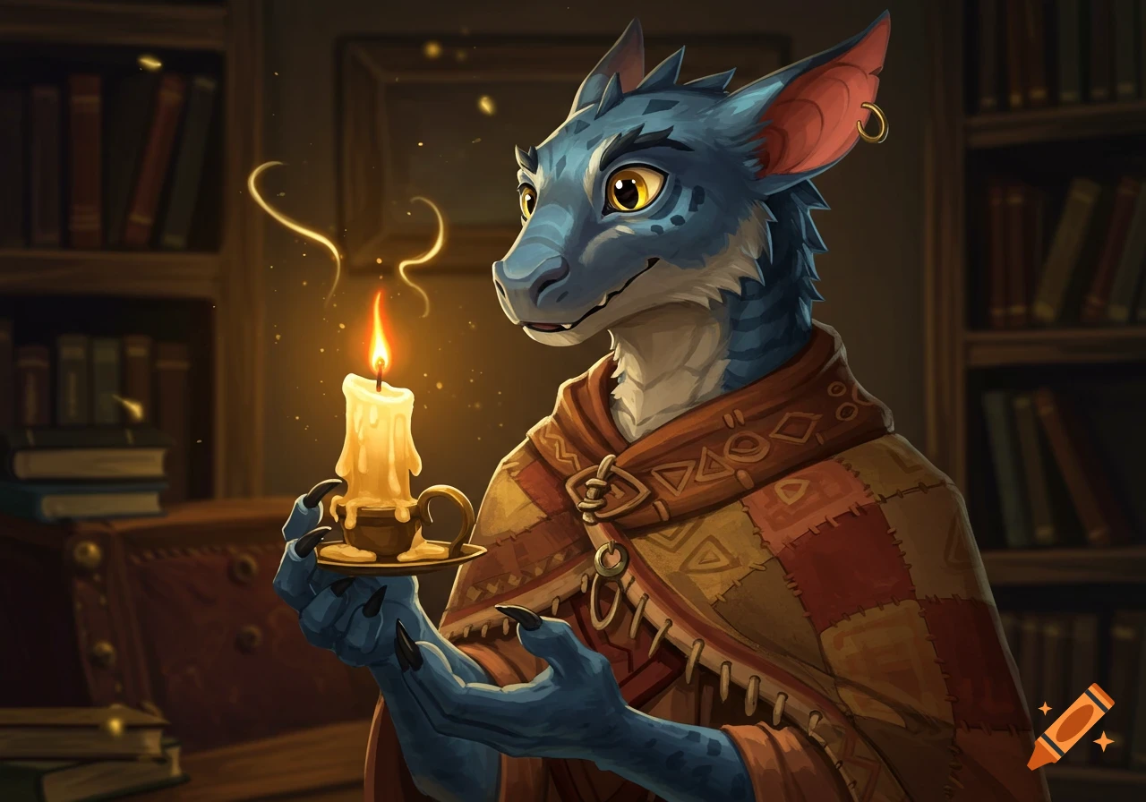 A blue dragon-like creature with large ears, Zeki from Palia, holds a lit candle in a dimly lit library, digital painting.