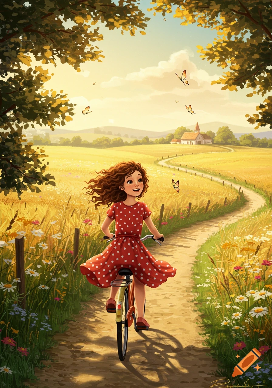 An illustrated young girl with curly brown hair rides a bicycle on a dirt path through a sunny golden field with flowers and butterflies.