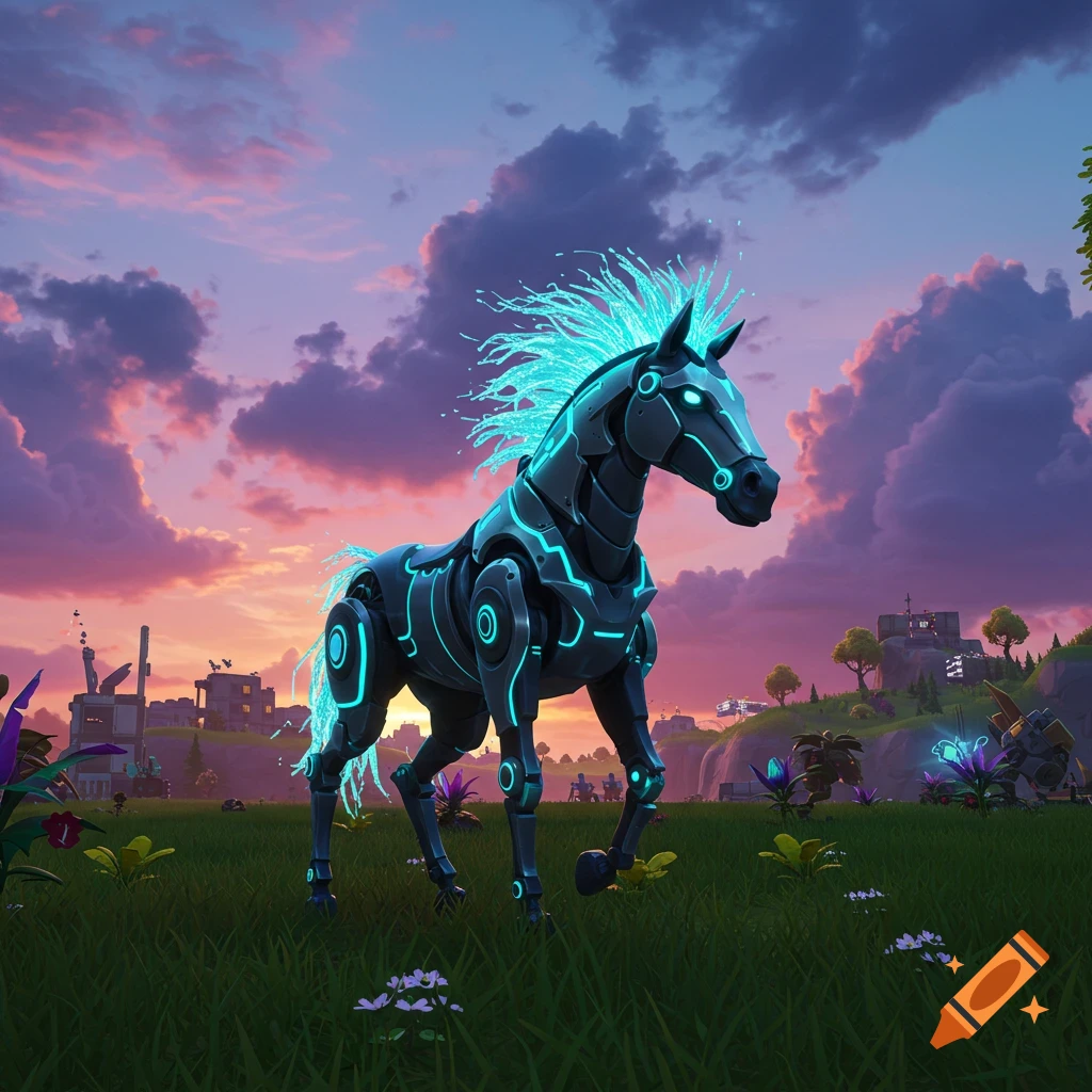 A sleek, glowing mechanical horse with a bright blue mane stands in a green field at sunset, with distant stylized buildings, in a vibrant video game art style.