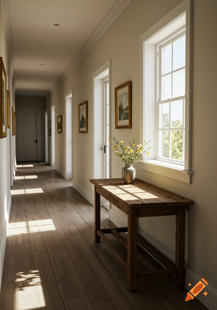 A bright, elegant hallway with sunlight streaming through windows onto a wooden console table with flowers, and framed art on the walls.