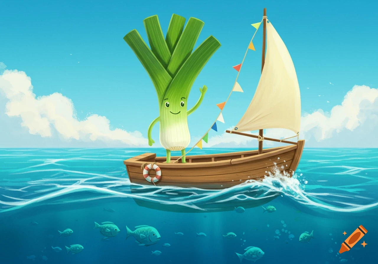 A cute cartoon leek character waves from a small sailboat on a blue ocean with fish swimming below. Stylized illustration.